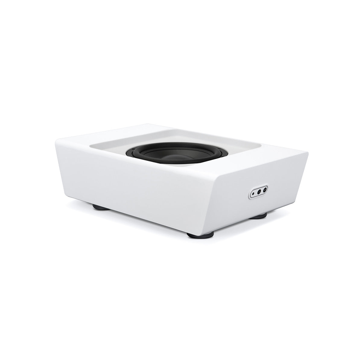 Bluesound Pulse Sub+ BluOS Wireless Powered Subwoofer - White - top and front view with unit flat on feet without grille angled left