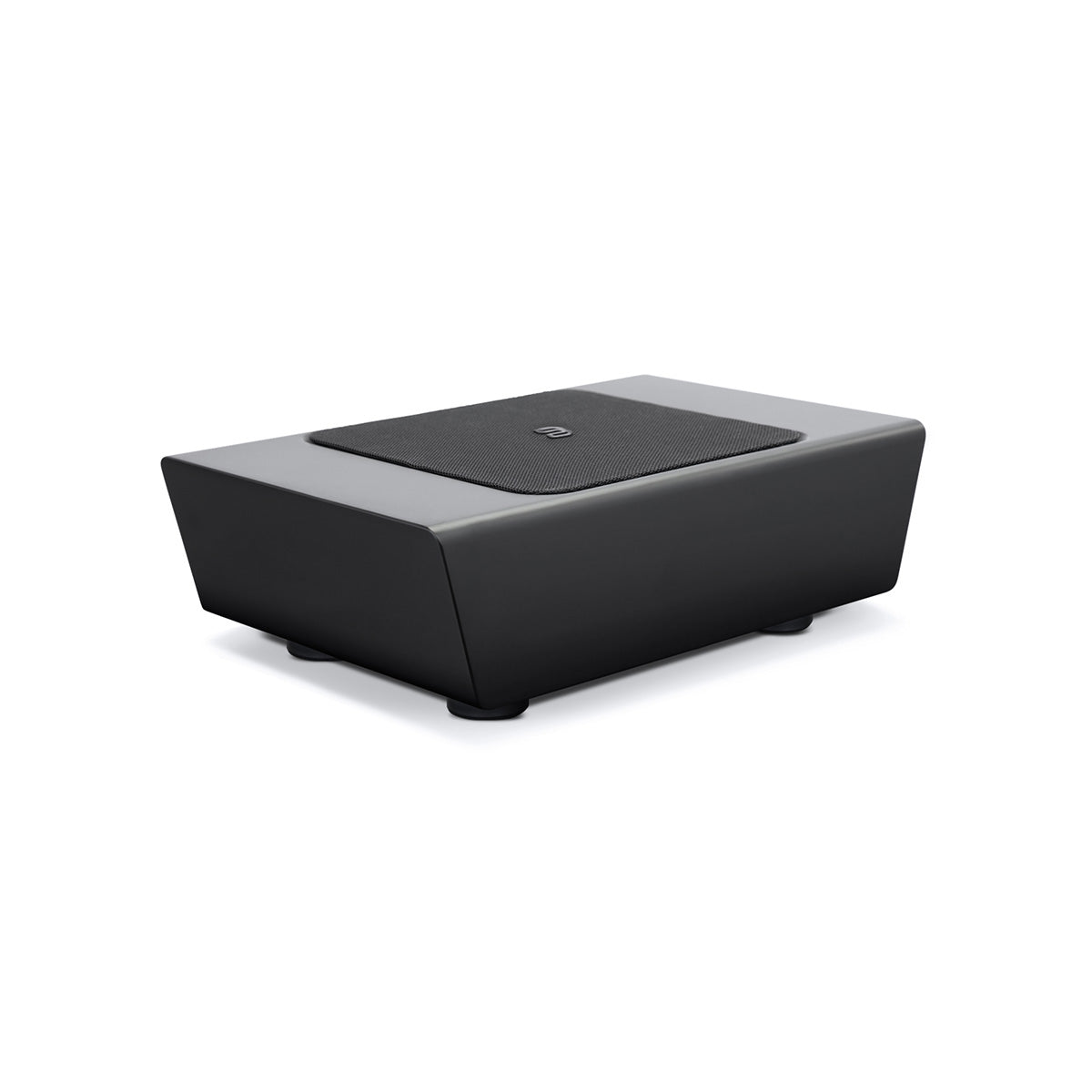 Bluesound Pulse Sub+ BluOS Wireless Powered Subwoofer - Black - top and front view with unit flat on feet with grille angled right