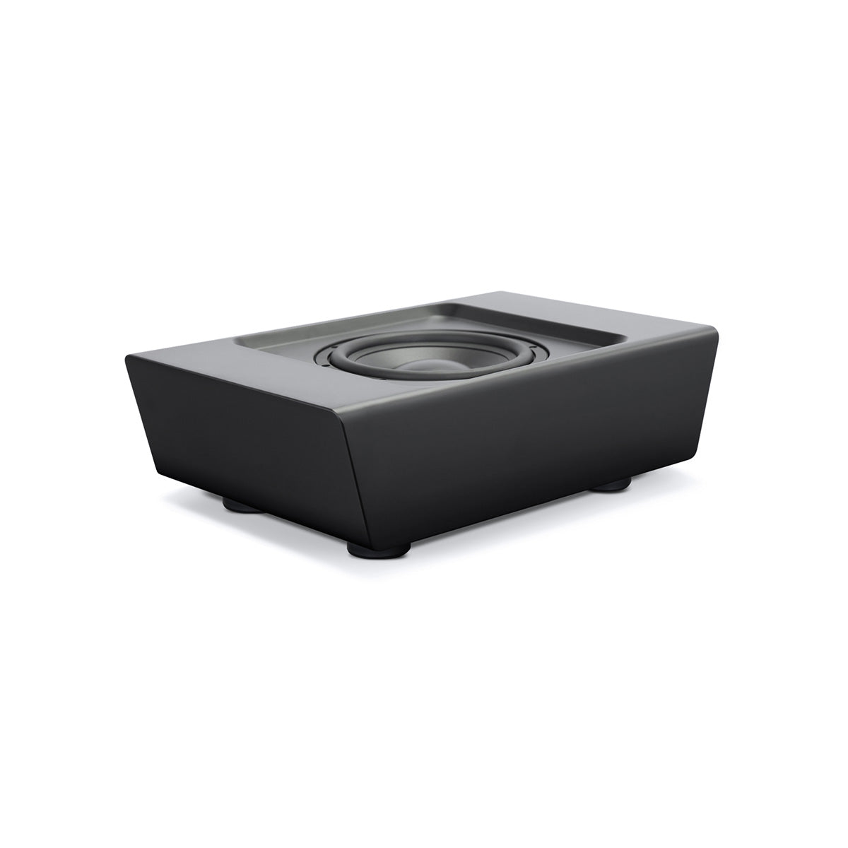 Bluesound Pulse Sub+ BluOS Wireless Powered Subwoofer - Black - top and front view with unit flat on feet without grille angled right