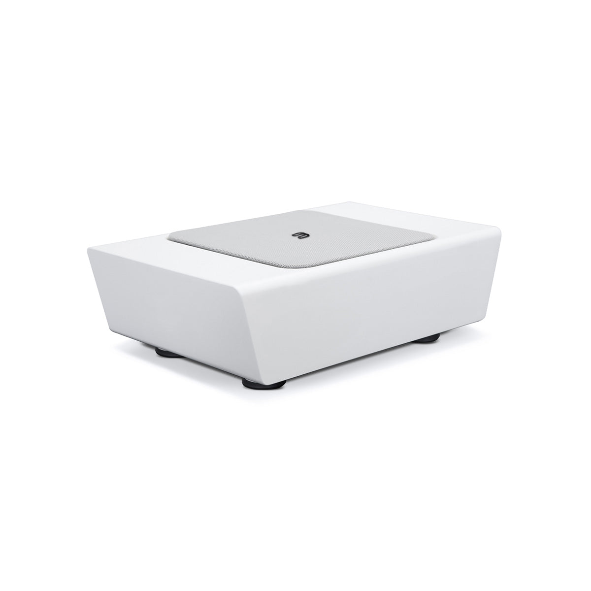 Bluesound Pulse Sub+ BluOS Wireless Powered Subwoofer - White - top and front view with unit flat on feet with grille angled right