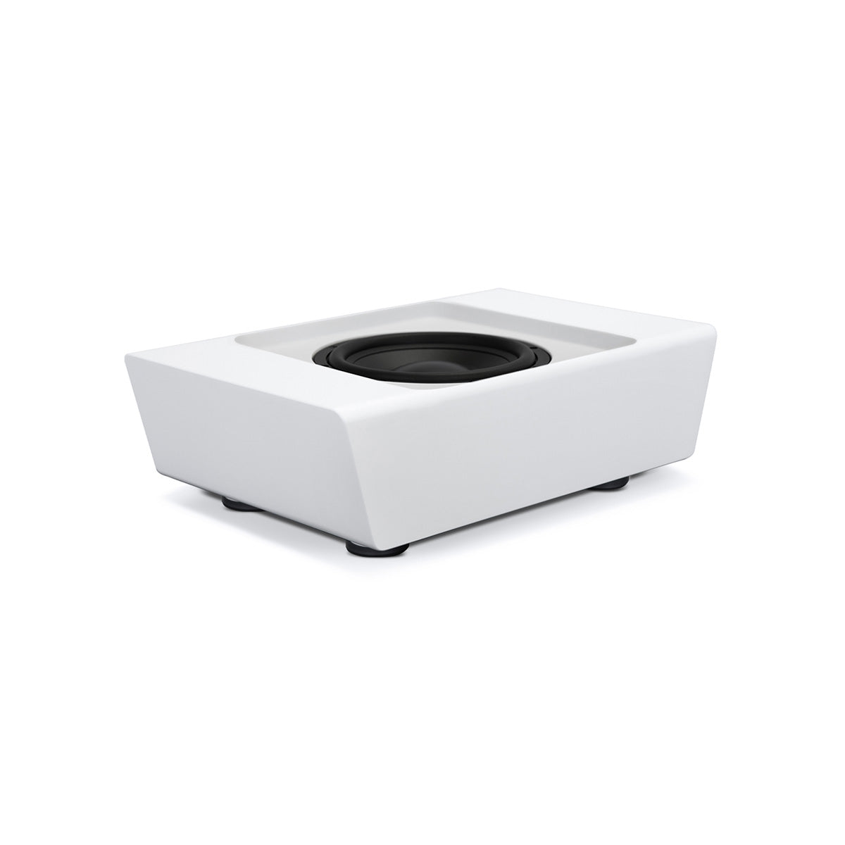 Bluesound Pulse Sub+ BluOS Wireless Powered Subwoofer - White - top and front view with unit flat on feet without grille angled right
