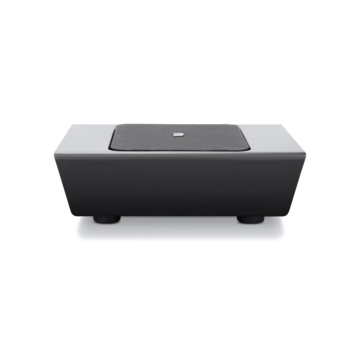 Bluesound Pulse Sub+ BluOS Wireless Powered Subwoofer - Black - top and front view with unit flat on feet with grille