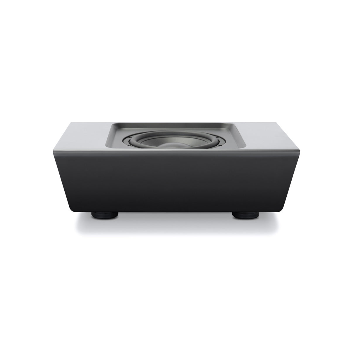Bluesound Pulse Sub+ BluOS Wireless Powered Subwoofer - Black - top and front view with unit flat on feet without grille