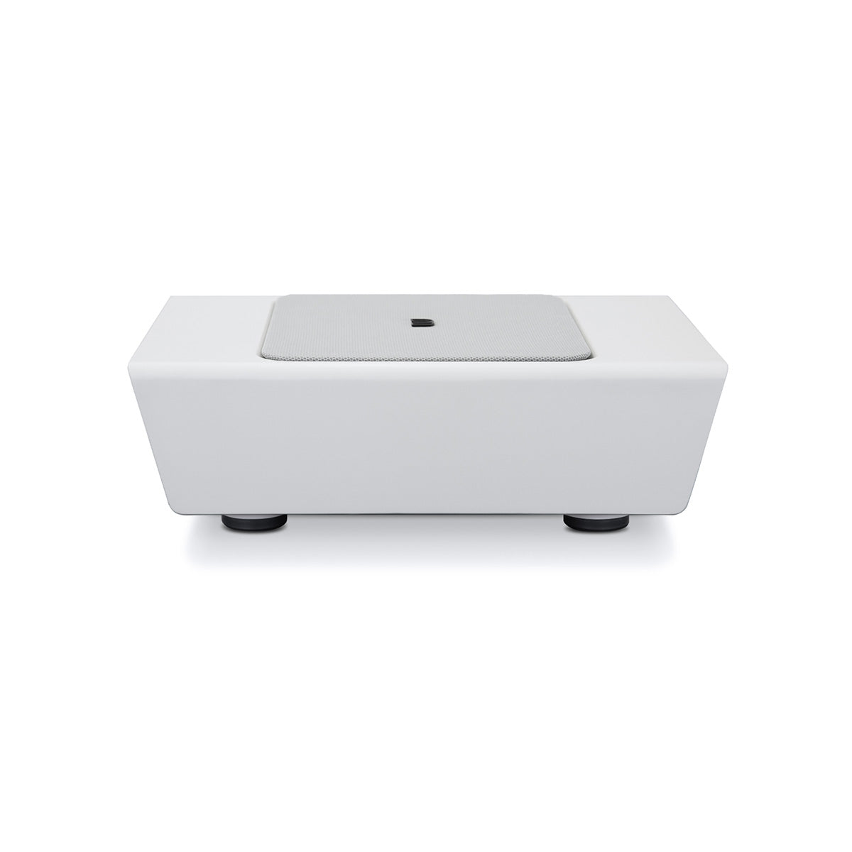 Bluesound Pulse Sub+ BluOS Wireless Powered Subwoofer - White - top and front view with unit flat on feet with grille