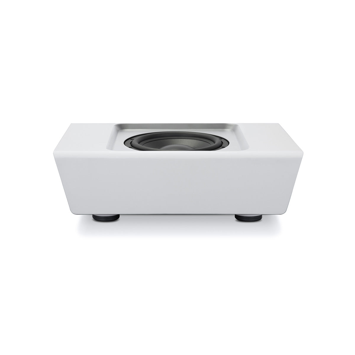 Bluesound Pulse Sub+ BluOS Wireless Powered Subwoofer - White - top and front view with unit flat on feet without grille