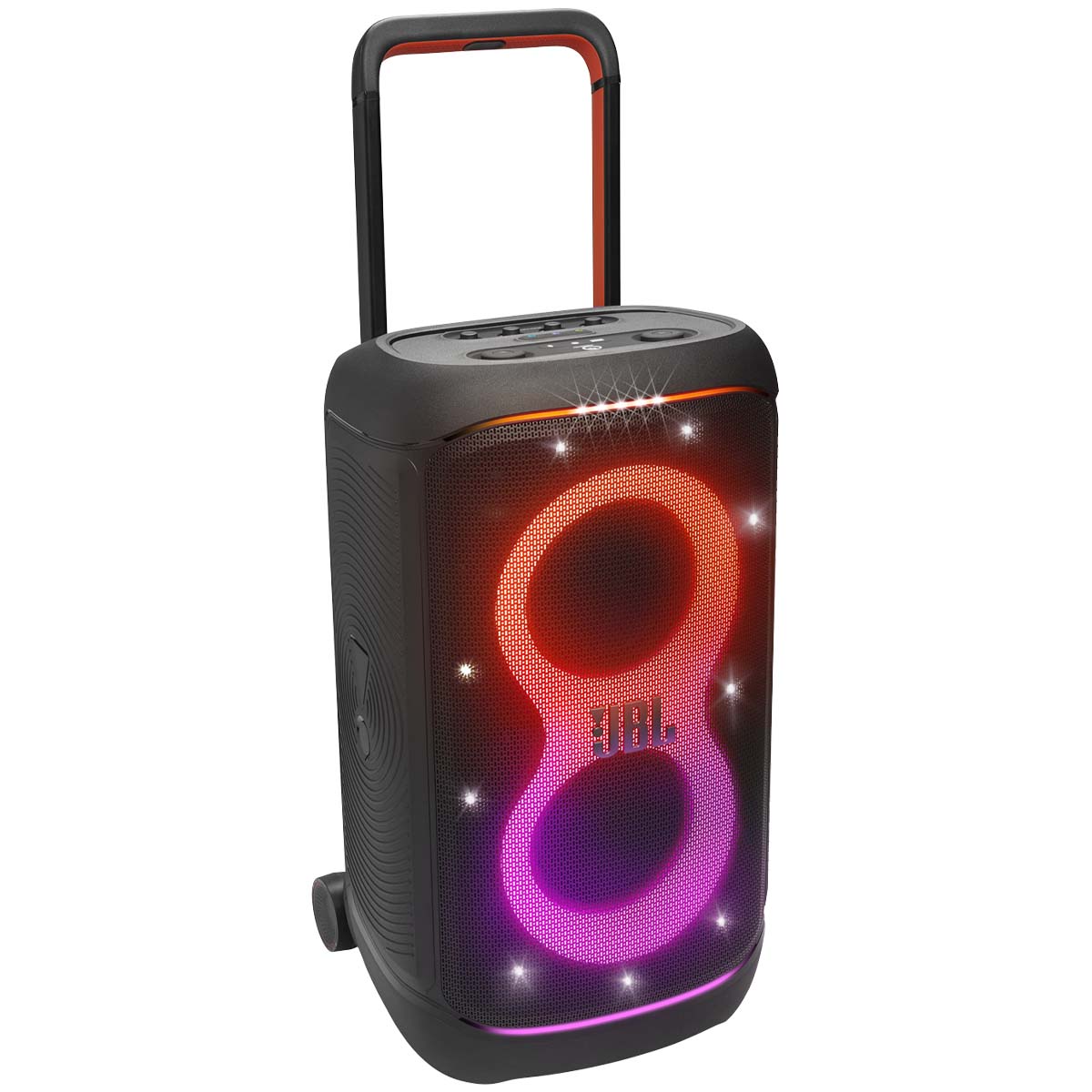 JBL Partybox 520 - Black angled front view with handle extended