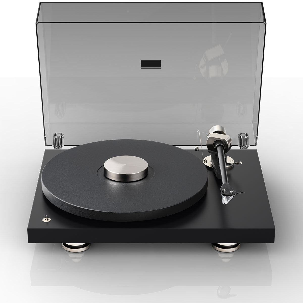 Pro-Ject Debut PRO B Balanced Hi-Fi Turntable - black - front top view with open dustcover and record puck on platter