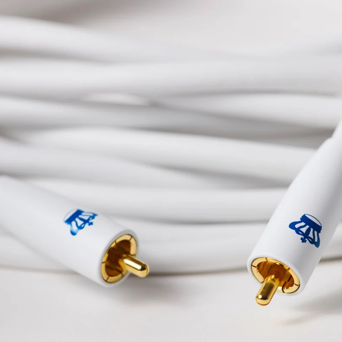 Close-up of a white REL Acoustics Commander .1/LFE Subwoofer Cable and a blue logo printed on the white sleeves, set against a soft, blurred white background.