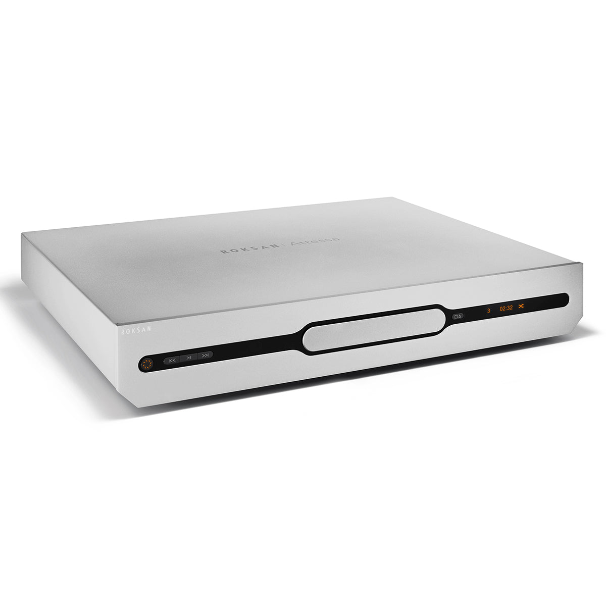 Angled front view of Roksan Attessa CD Transport in the color silver