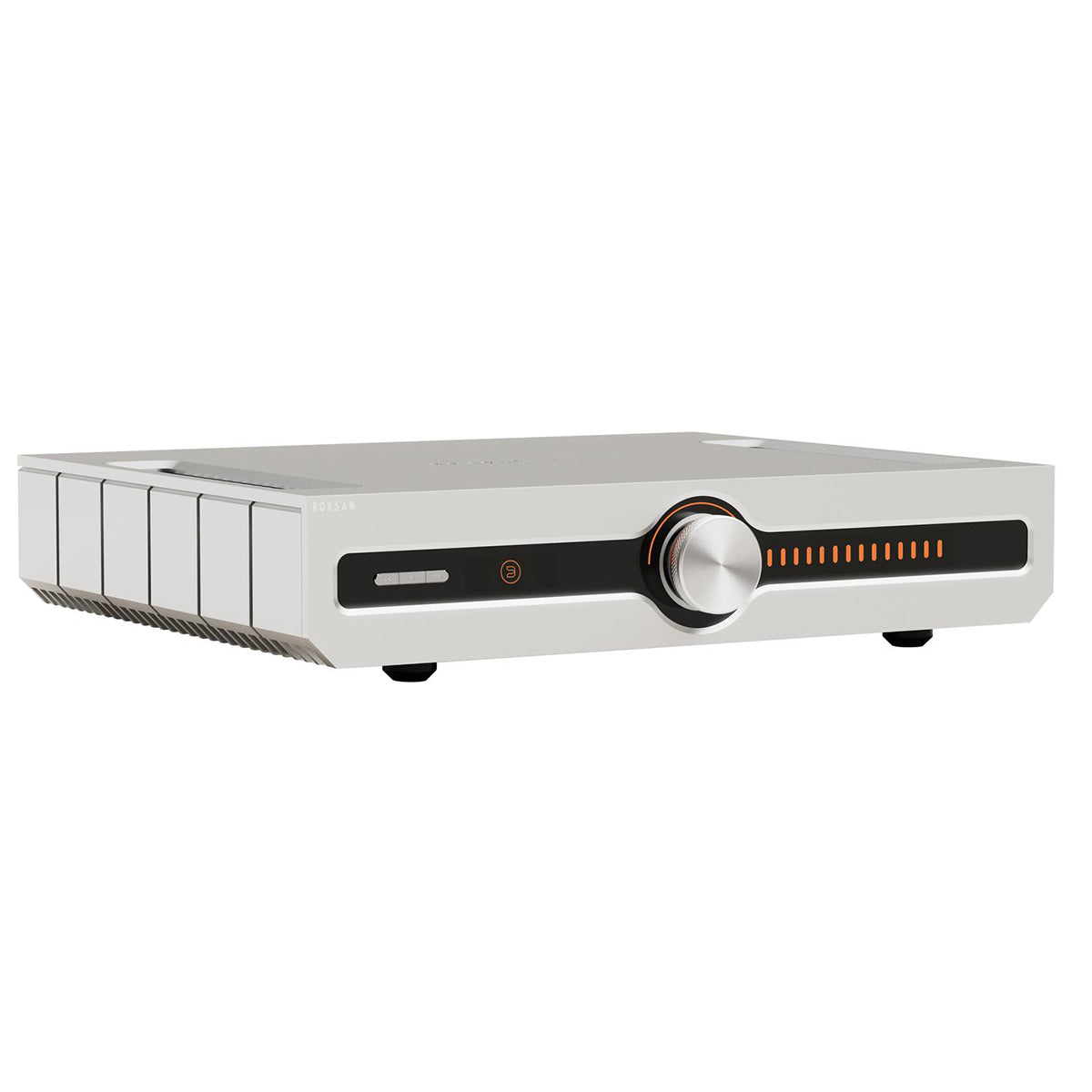 Angled front view of Roksan Caspian 4G Streaming Amplifier in the color silver
