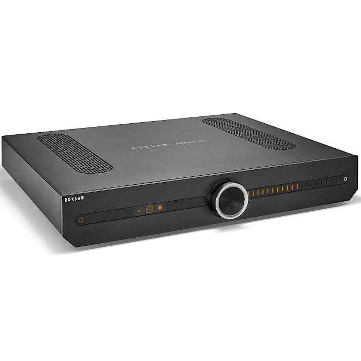 Angled front view of Roksan Attessa Integrated Amplifier in the color black