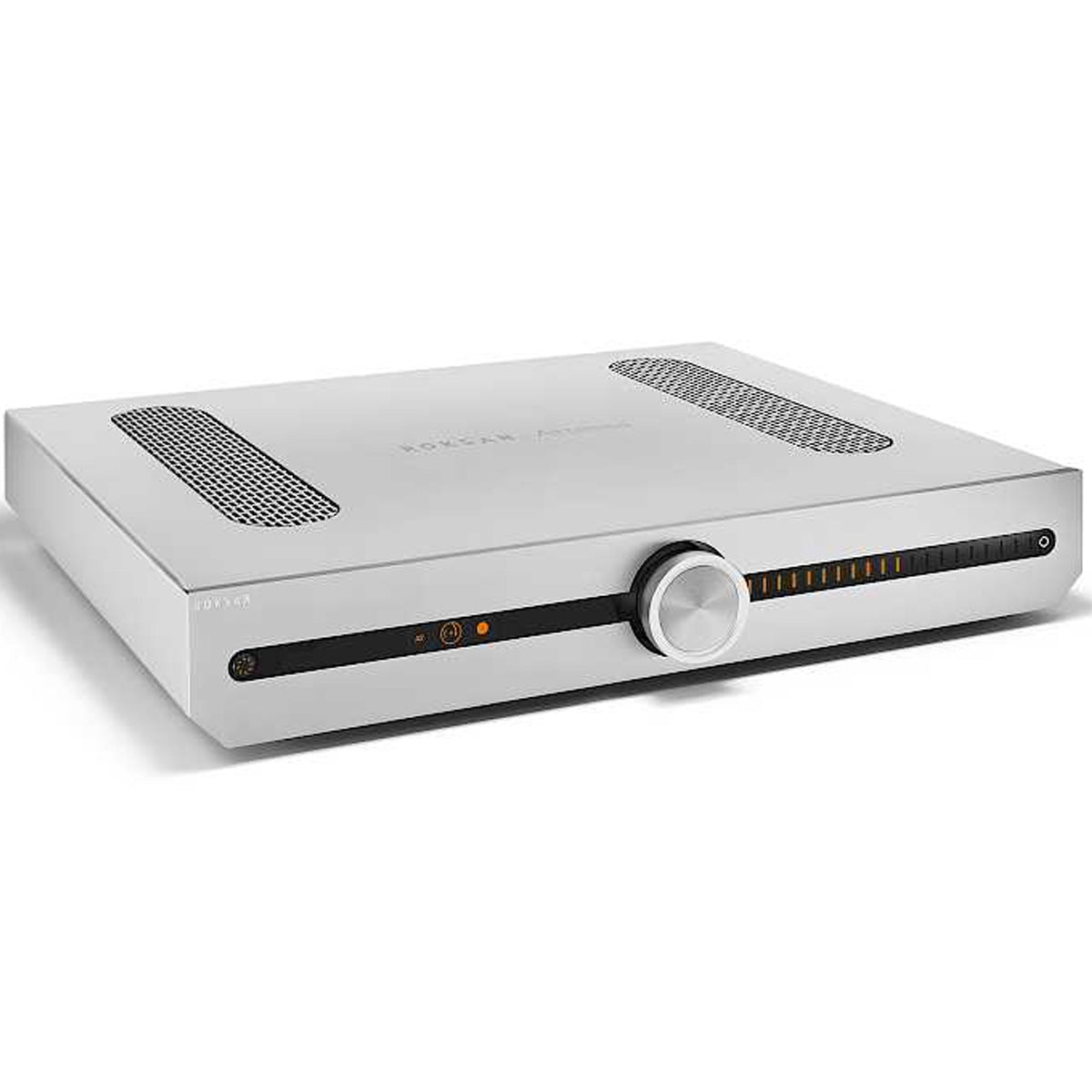 Angled front view of Roksan Attessa Integrated Amplifier in the color silver