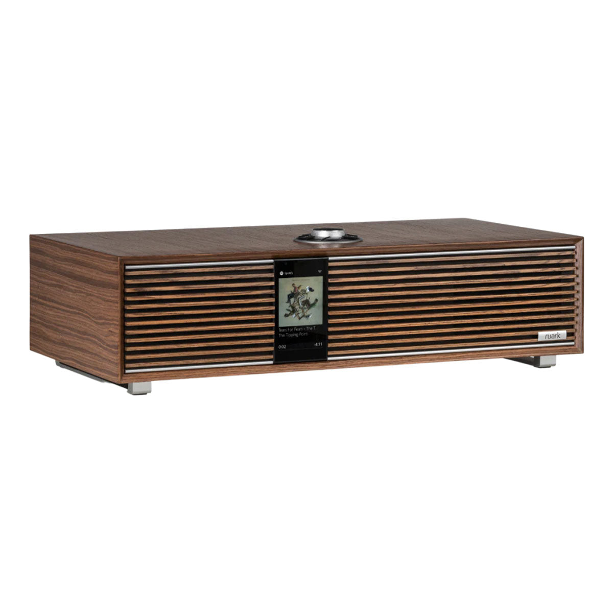 Ruark Audio R410 Integrated Music System - walnut with walnut grille - angled front view