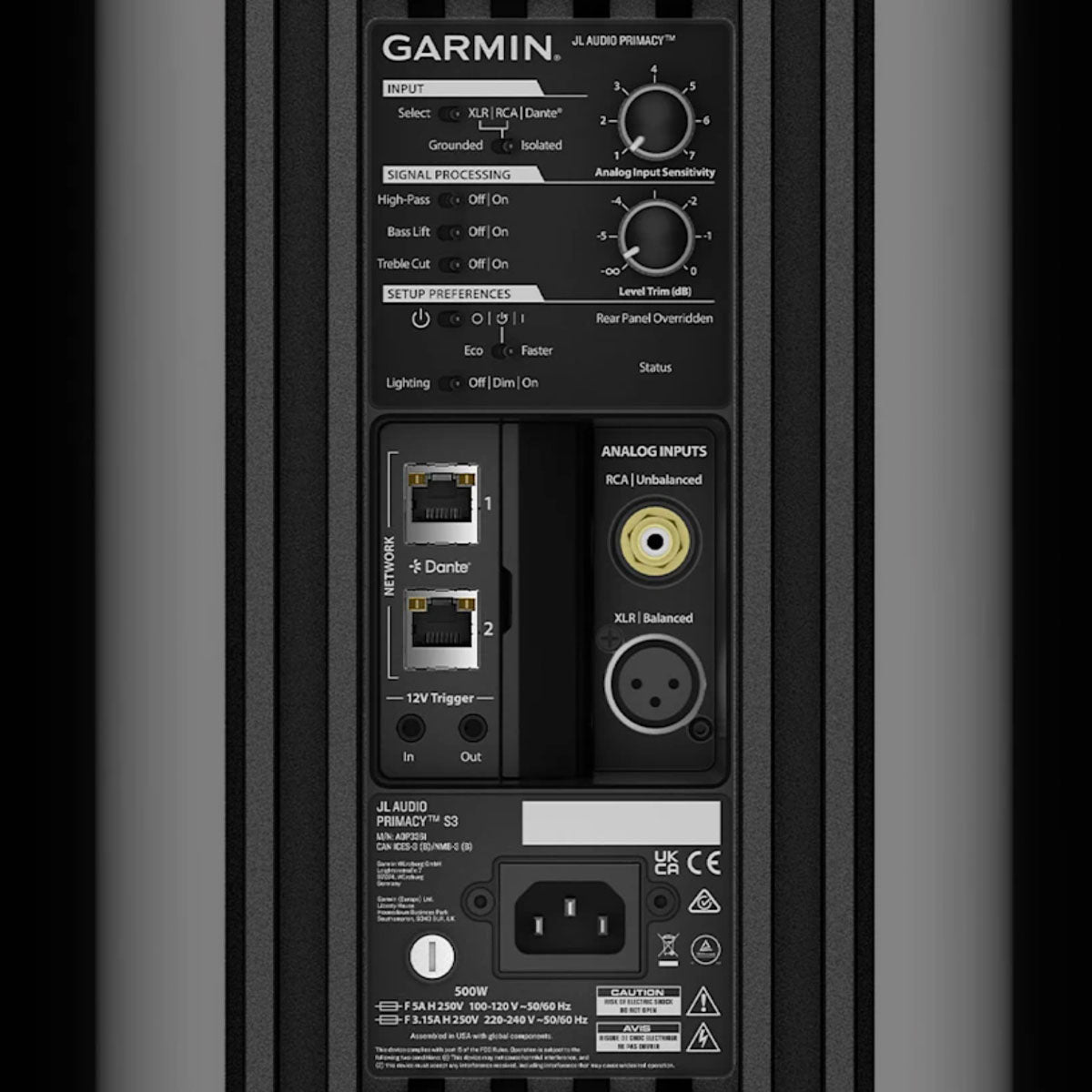 JL Audio Primacy S3 Active Standmount Loudspeaker close-up of inputs and controls