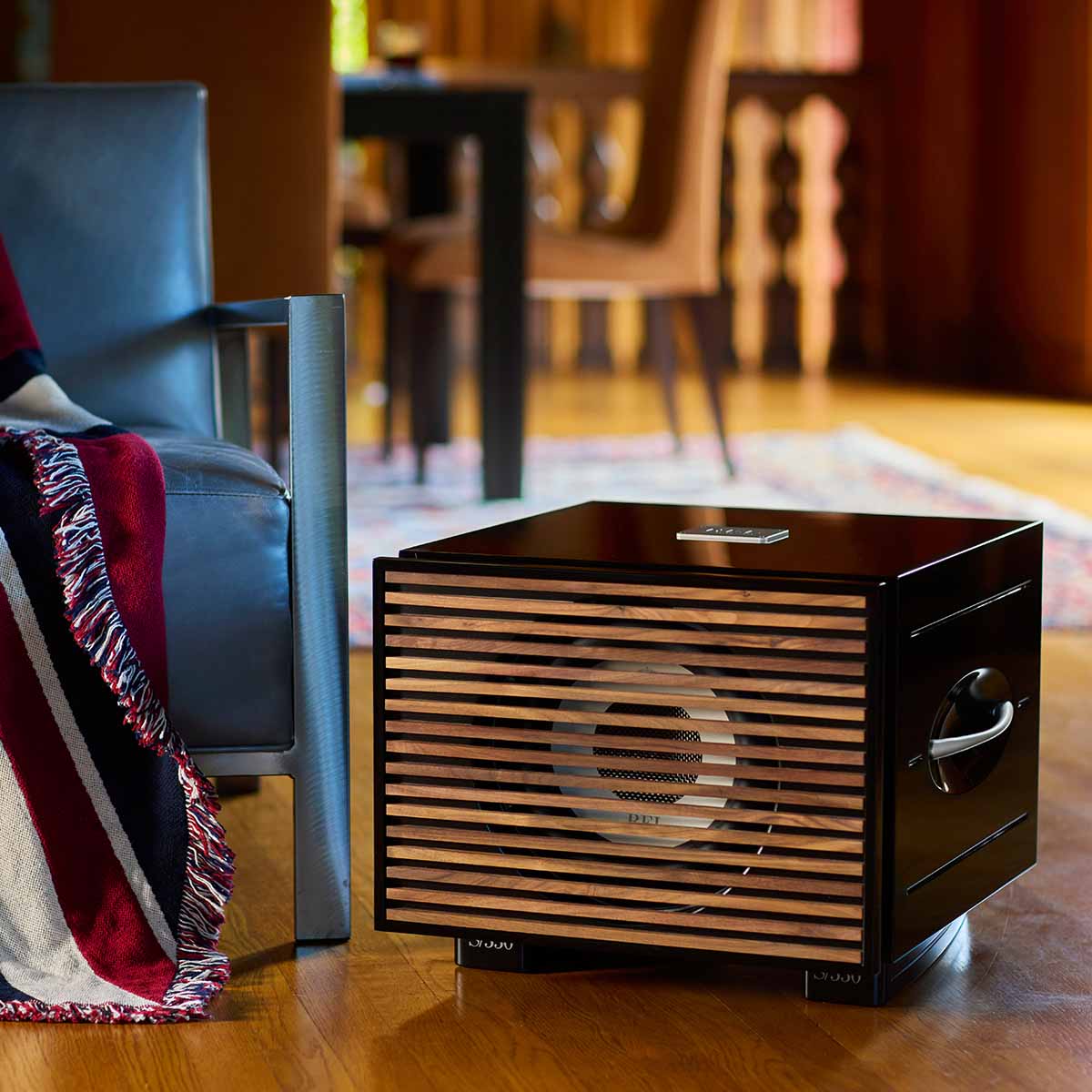 REL Acoustics S/550 Subwoofer - black - front view angled left with grille