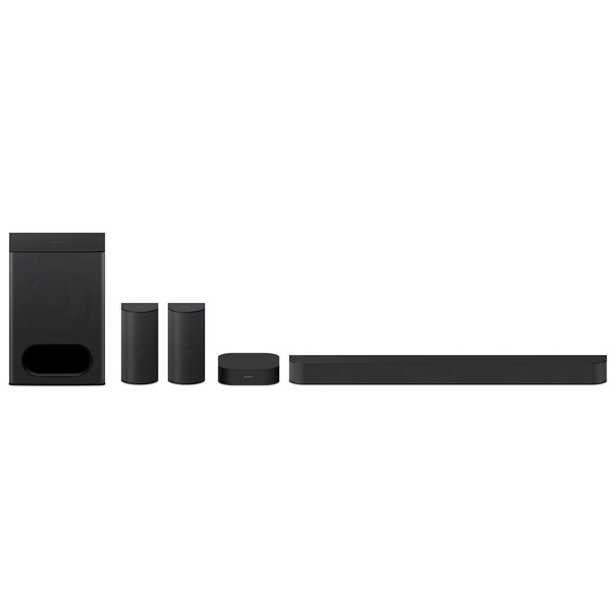 Sony HT-S60 BRAVIA Theater System 6 5.1ch Wireless Speaker System with Subwoofer - all five units lined up with sub, rears, amp box and bar from left to right