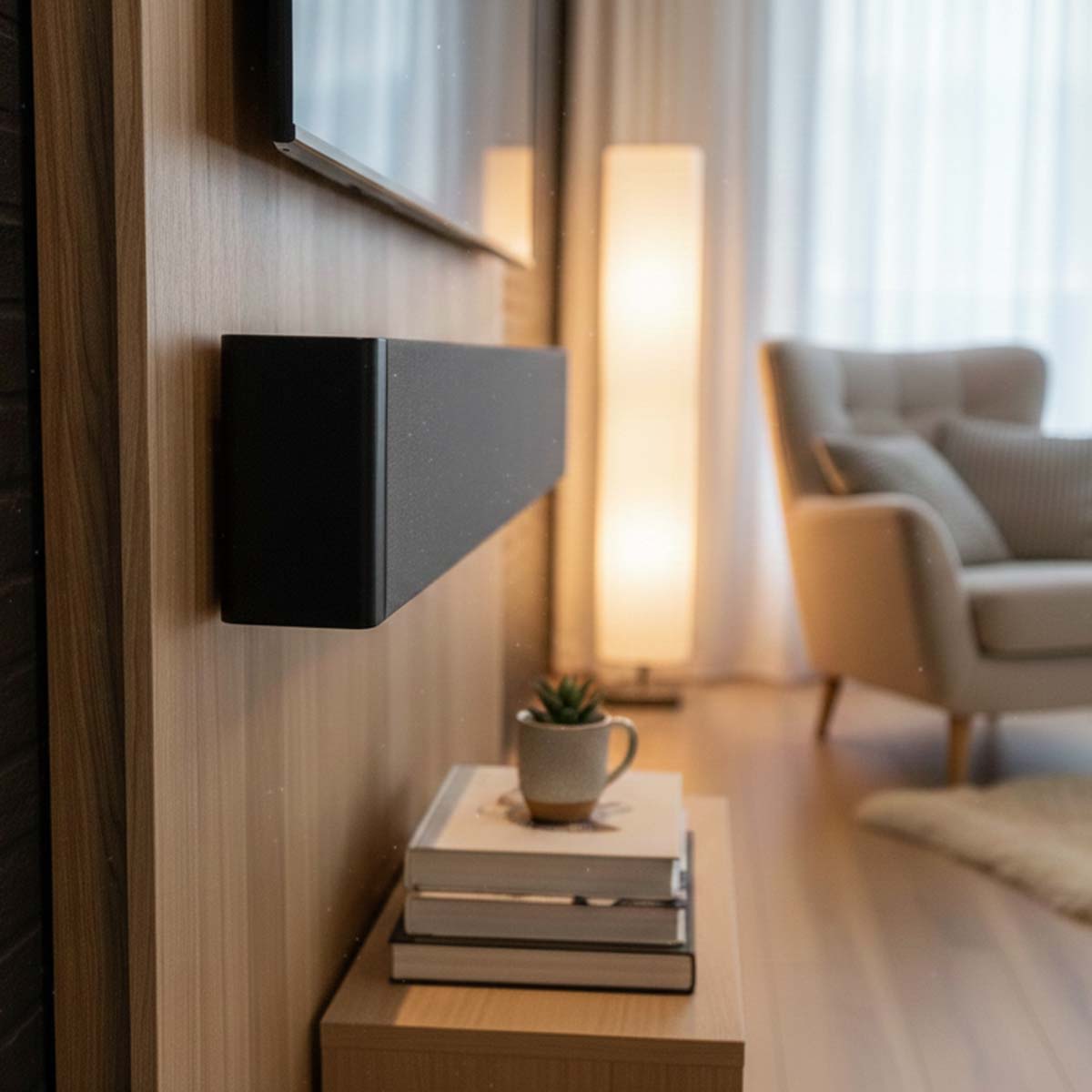 Lyngdorf SB-75 Passive Stereo Speaker Bar - lifesyle photo of unit mounted below TV close up of left side of unit
