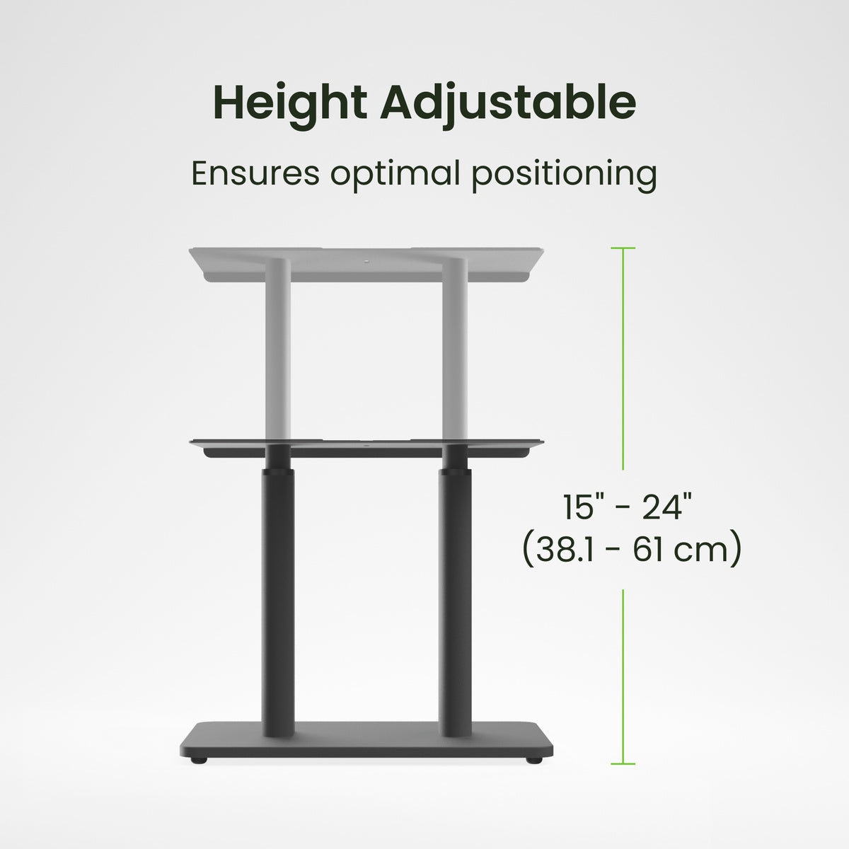 Height adjustable stand with measurement details on a white background
