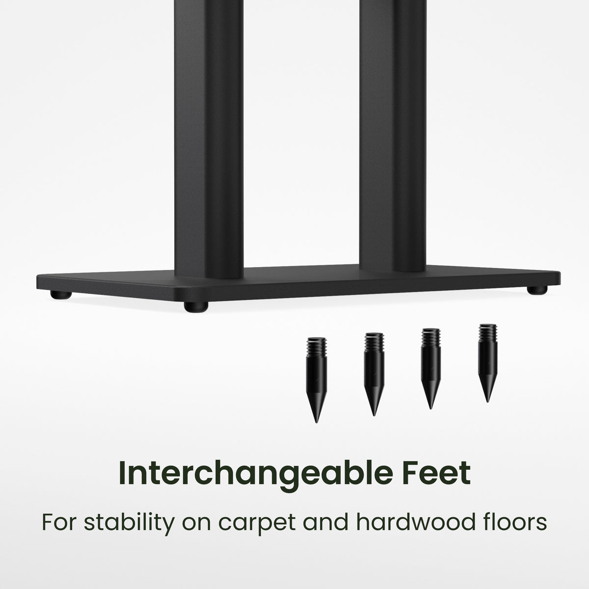 Black adjustable stand with interchangeable feet on a white background