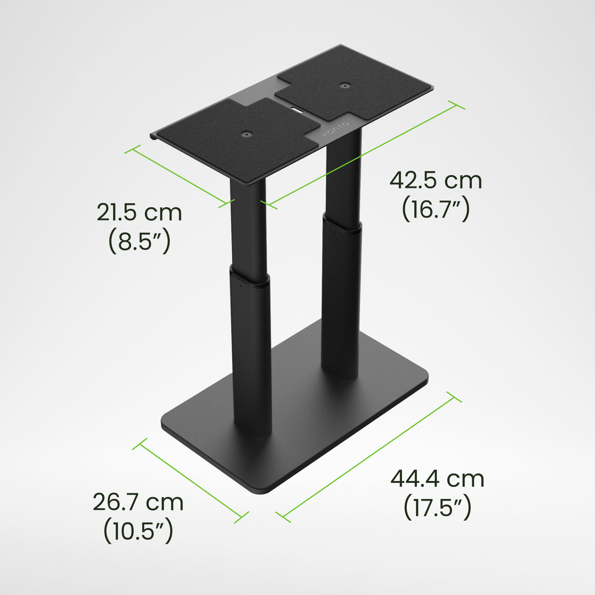 Black adjustable stand with dimensions labeled on a light gray background