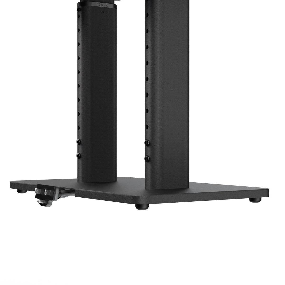 Black metal stand with adjustable base on a white background