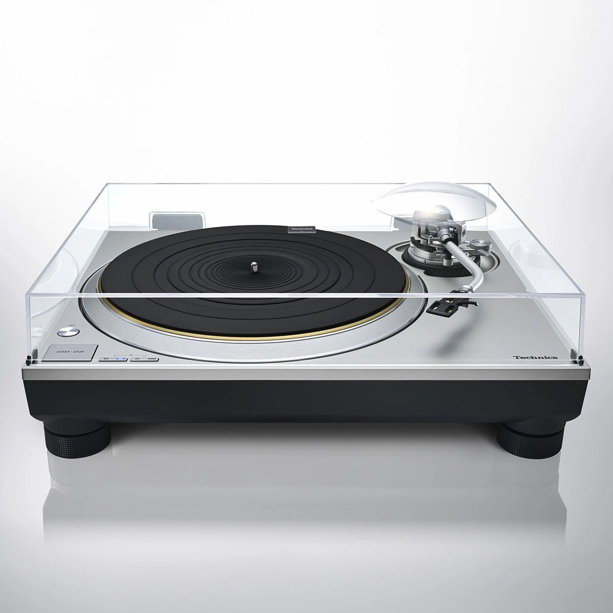 Technics SL-1300G New Generation Grand Class Turntable - silver top and front high-angle with dustcover