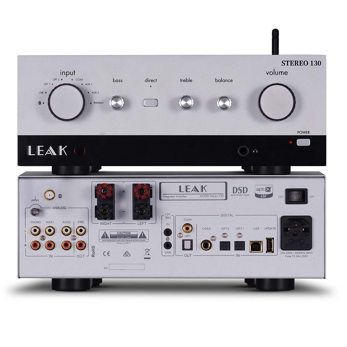 Leak Audio Stereo 130 Integrated Amplifier - Silver - two stacked units, top unit front view, bottom unit rear view