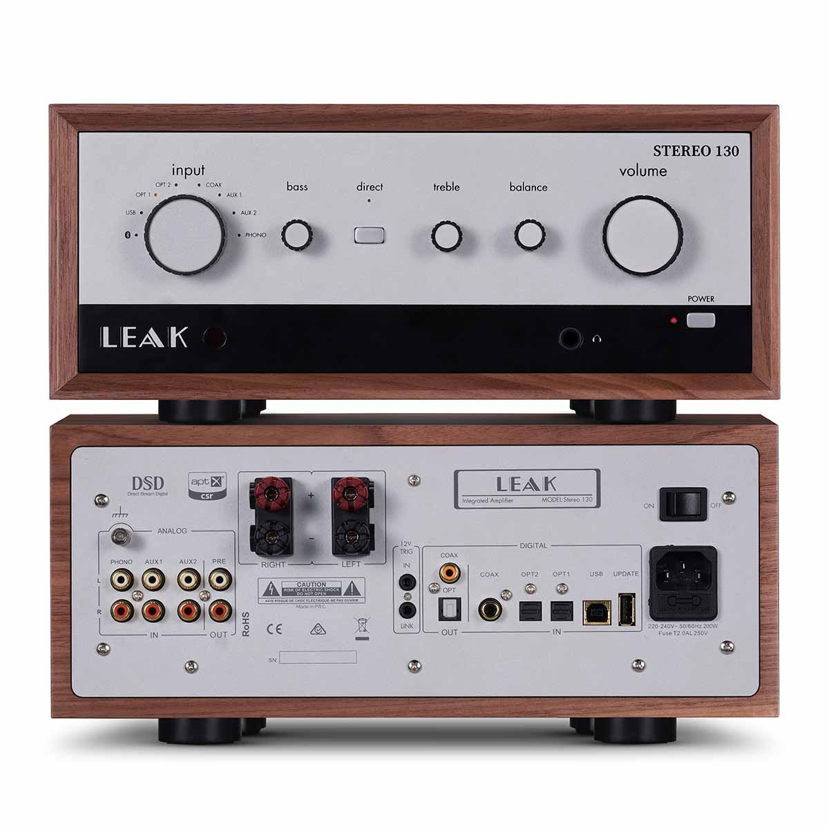 Leak Audio Stereo 130 Integrated Amplifier - Walnut - two stacked units, top unit front view, bottom unit rear view