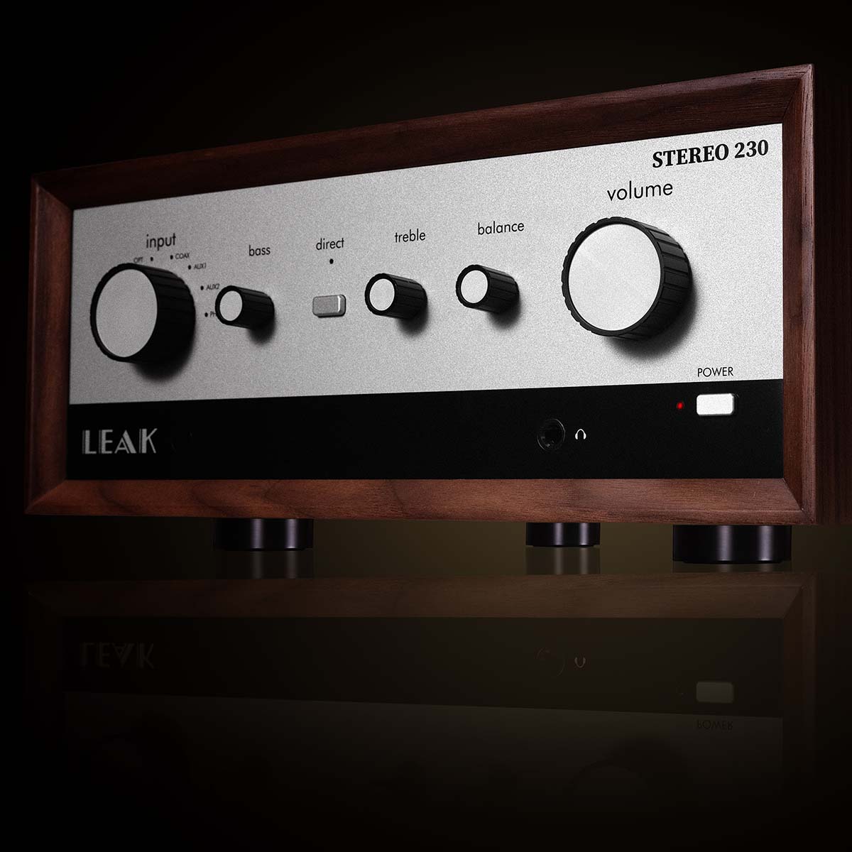 Leak Audio Stereo 230 Integrated Amplifier - Walnut - front view angled left dark background