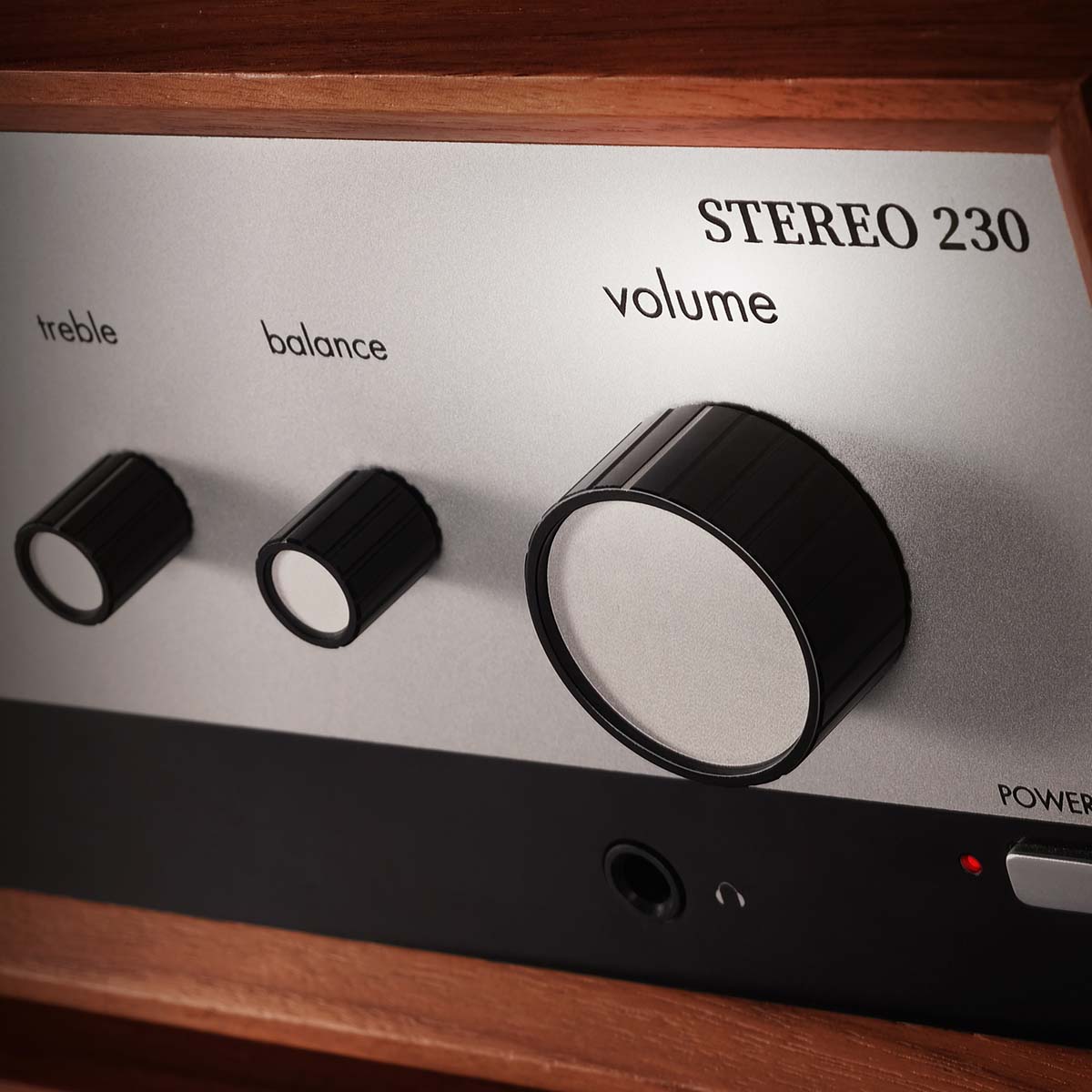 Leak Audio Stereo 230 Integrated Amplifier - Walnut - front view close-up of volume knob
