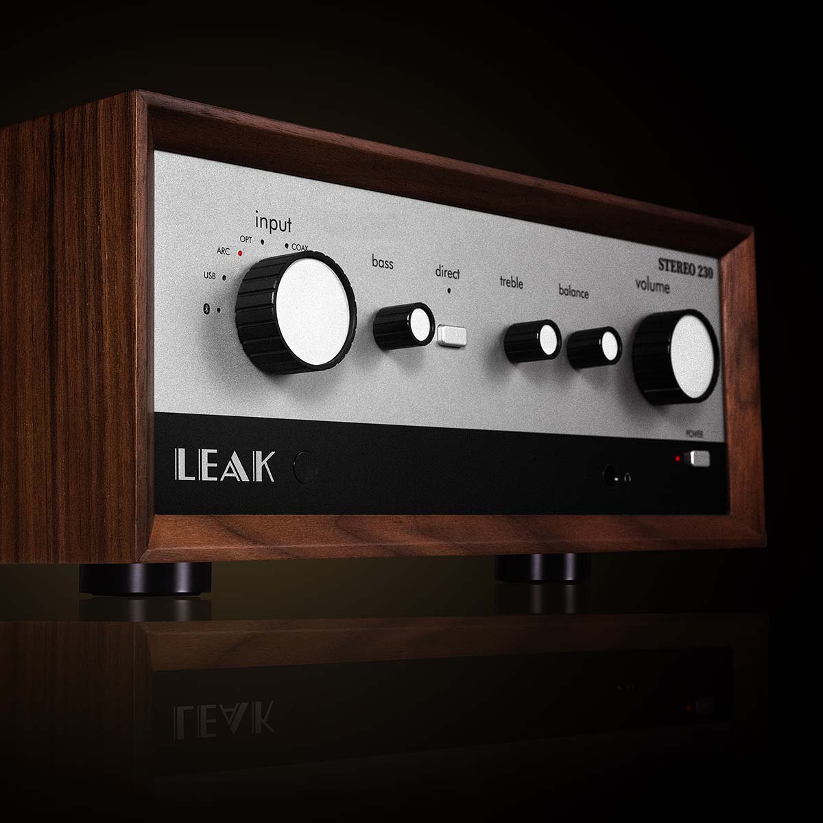 Leak Audio Stereo 230 Integrated Amplifier - Walnut - front view angled right dark background