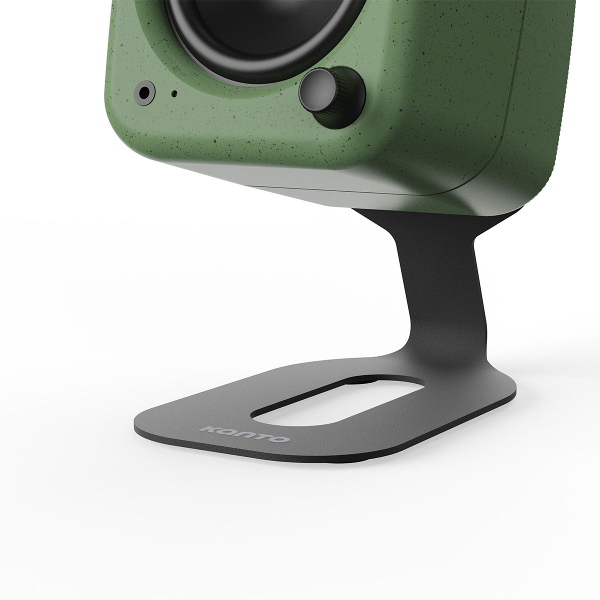 Kanto SU2 Uki & Ora Speaker Stands - single black with green Uki speaker - zoomed and angled front view of base