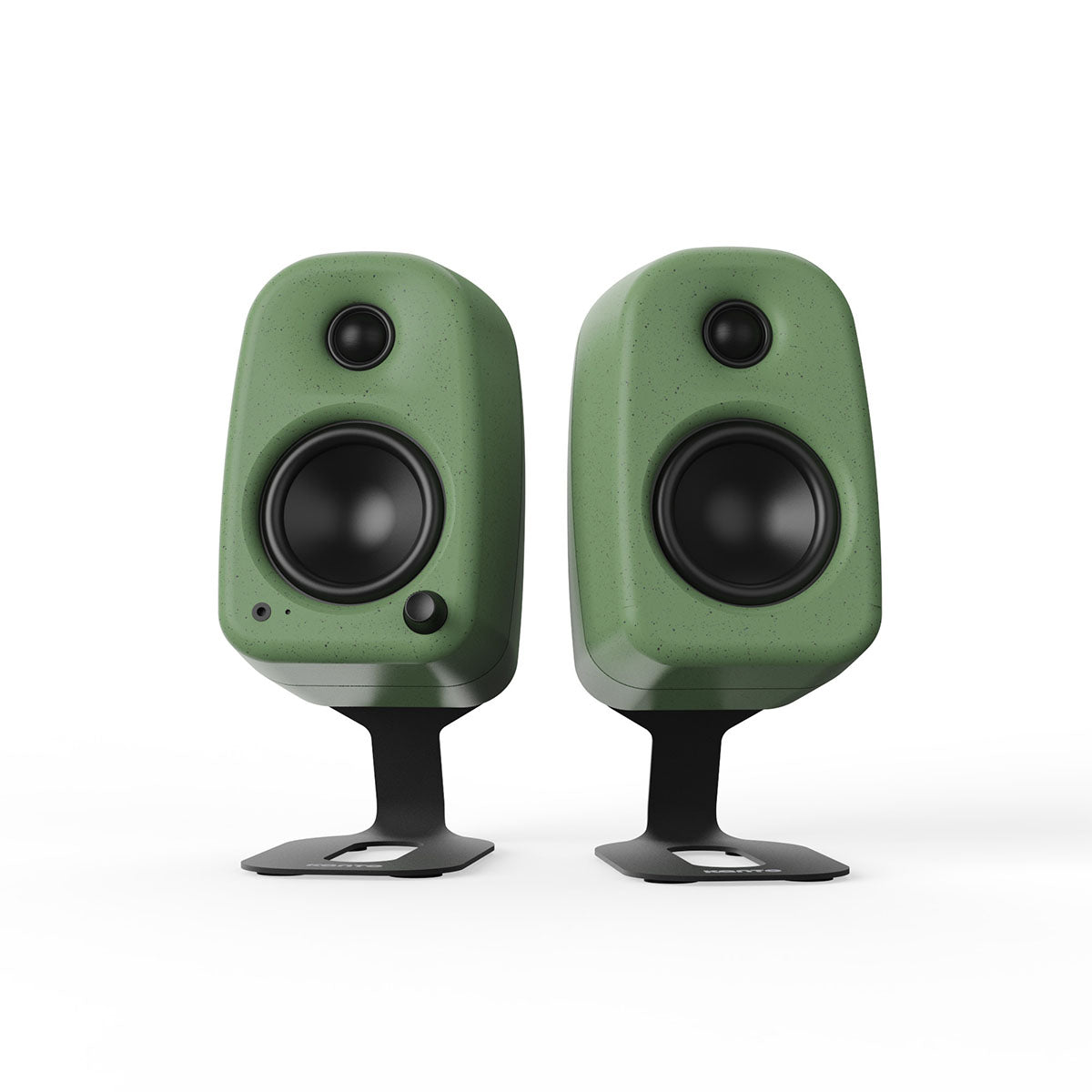 Kanto SU2 Uki & Ora Speaker Stands - black pair with green Uki speakers - front view