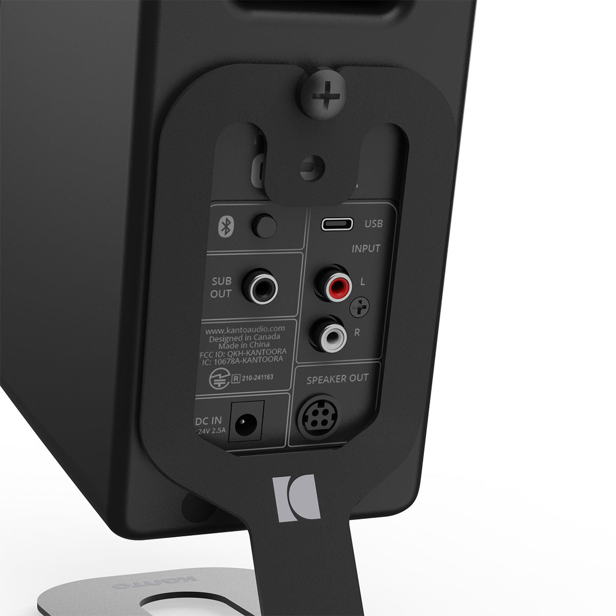 Kanto SU2 Uki & Ora Speaker Stands - single black with black Ora speaker - zoomed and angled rear view
