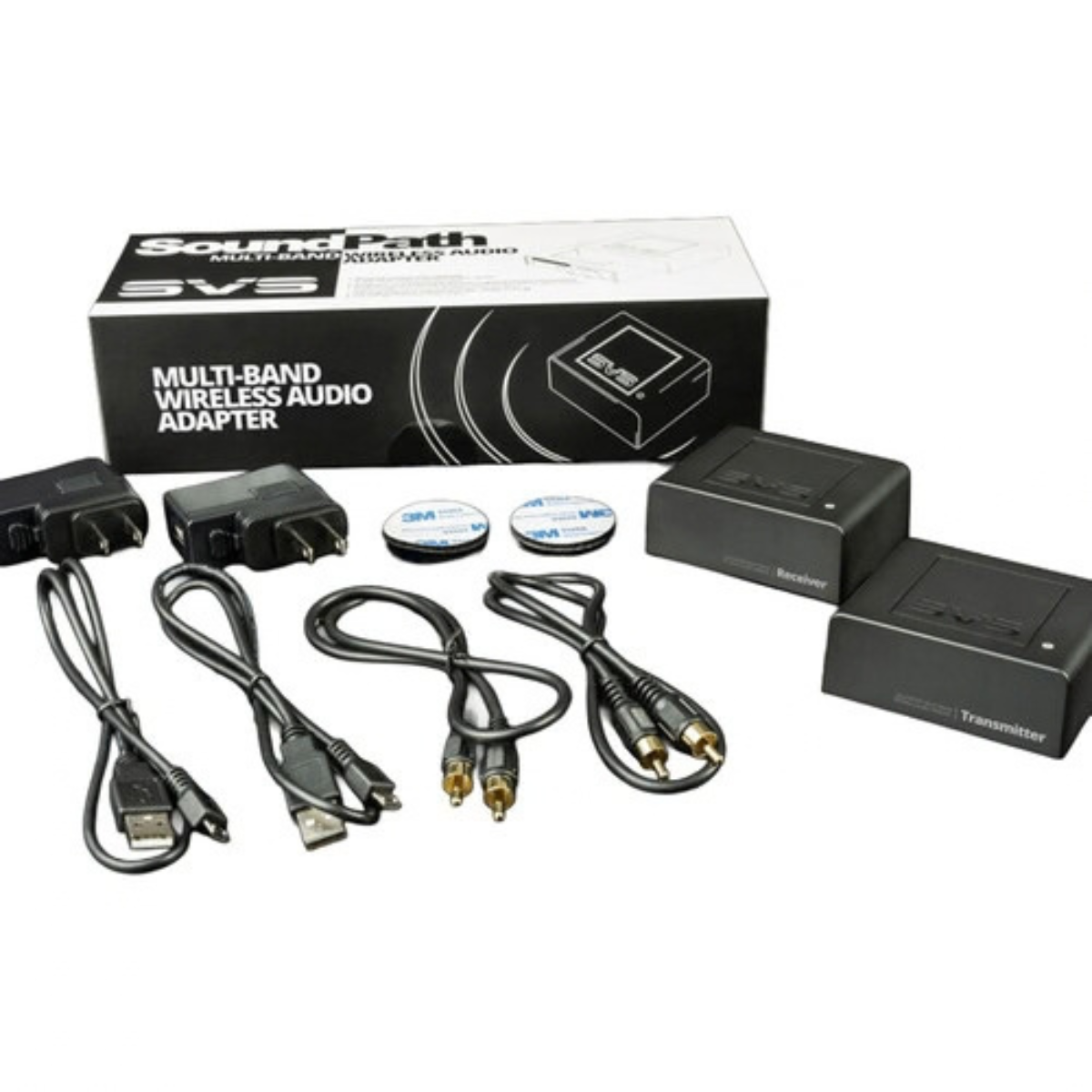 Sound Path SVS multi-band wireless audio adapter kit with its retail box, power adapter, cables, and transmitter on a white background.