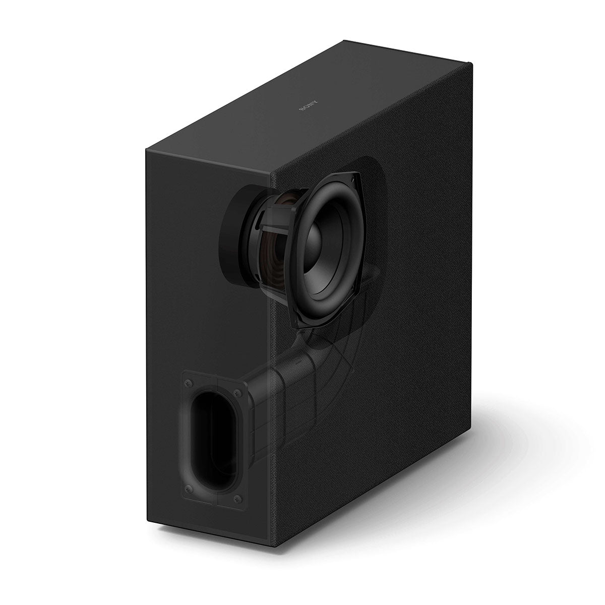 Sony BRAVIA Sub 7 Wireless Subwoofer front and side view angled left and down graphic showing internal speakers