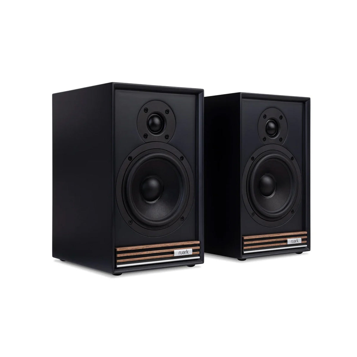 Ruark Audio Sabre R Bookshelf Speakers - black - angled front view without grilles