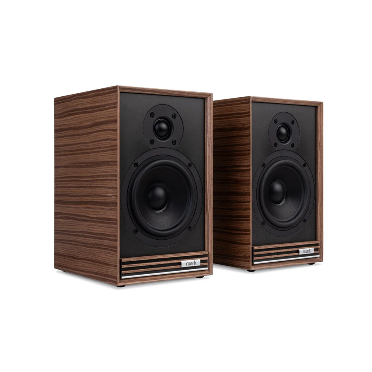 Ruark Audio Sabre R Bookshelf Speakers - walnut - angled front view without grilles