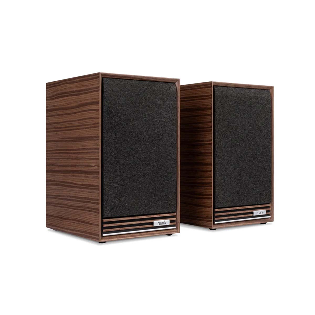 Ruark Audio Sabre R Bookshelf Speakers - walnut - angled front view with grilles