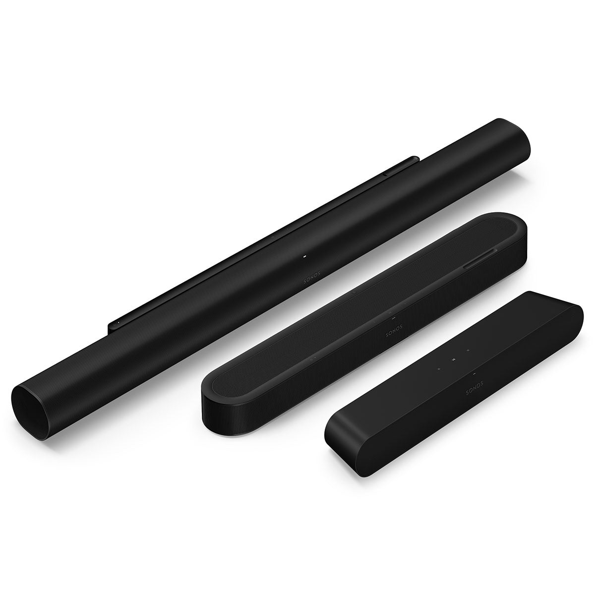 Sonos Beam Ultra Soundbar - black - front and top view angled right with a Sonos Arc Ultra behind unit and Sonos Ray in front of unit