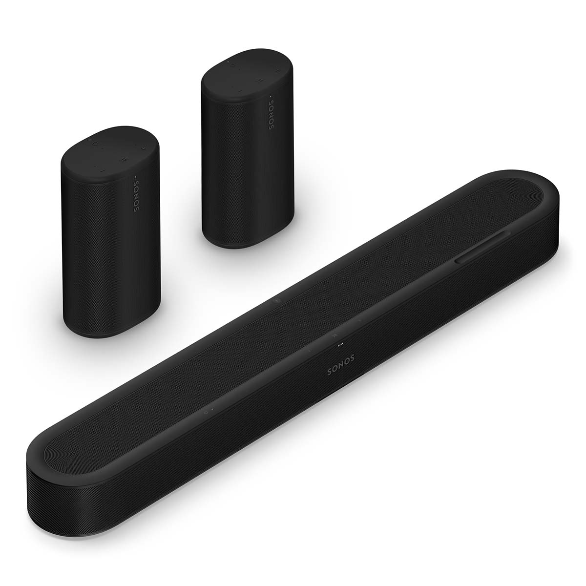 Sonos Beam Ultra Soundbar - black - front and top view angled right with two Sonos Play behind bar
