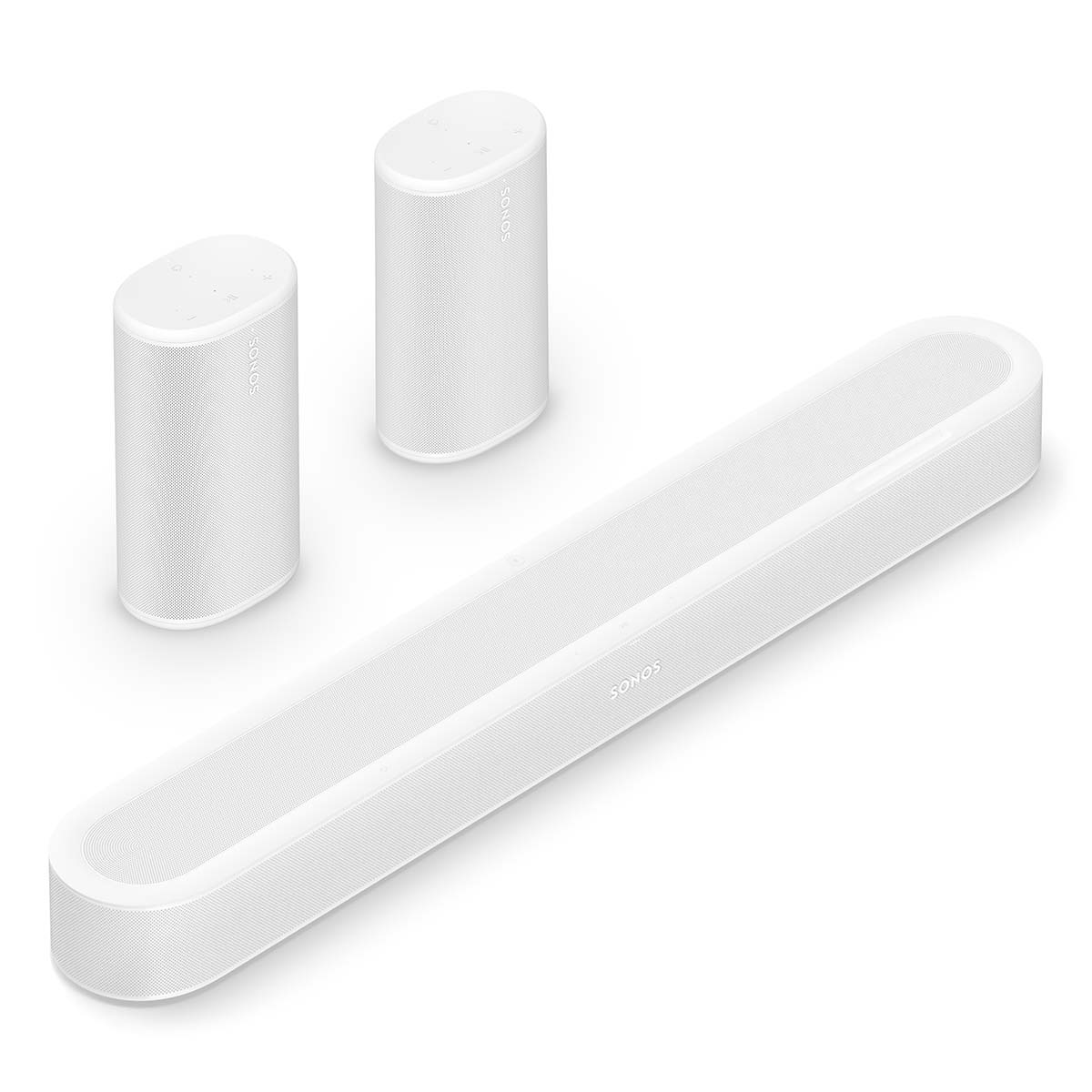 Sonos Beam Ultra Soundbar - white - front and top view angled right with two Sonos Play behind bar