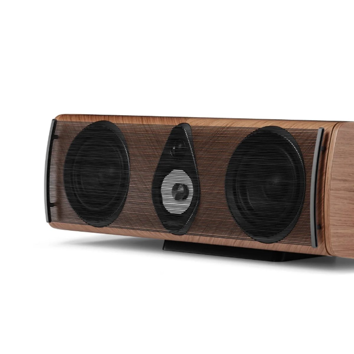 A modern wood-grain center channel speaker with two large black woofers and a central black tweeter, shown from a three-quarters angle on a white background.