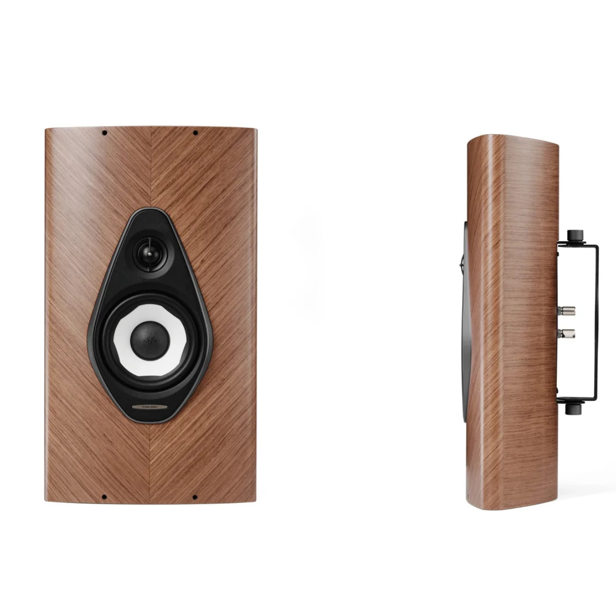 A Sonus Faber Olympica G3 W On-Wall Speaker shown from the front and side angles against a solid white background. The speaker features a warm brown wood-grain finish with a black and white waveguide driver design on the front.