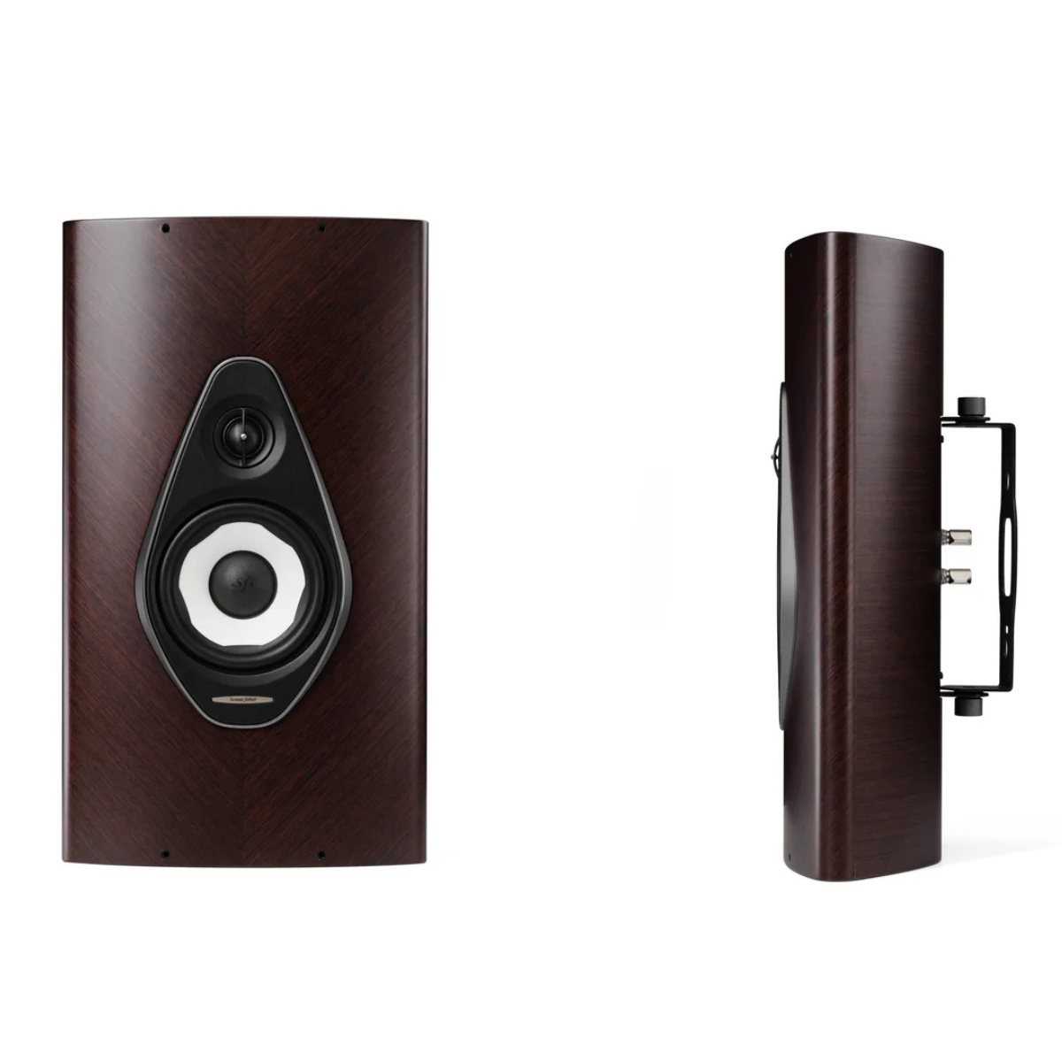 A pair of dark brown Sonus Faber Olympica G3 W On-Wall Speaker shown on a white background, with one cabinet displaying the front face and the other showing the side profile with a mounting bracket.