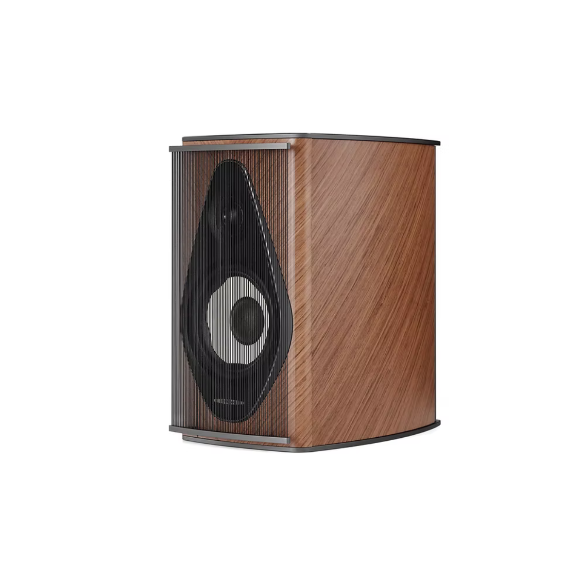 A single bookshelf speaker with a wood-grain cabinet, a black front grille, and a silver and white woofer, shown against a plain white background.