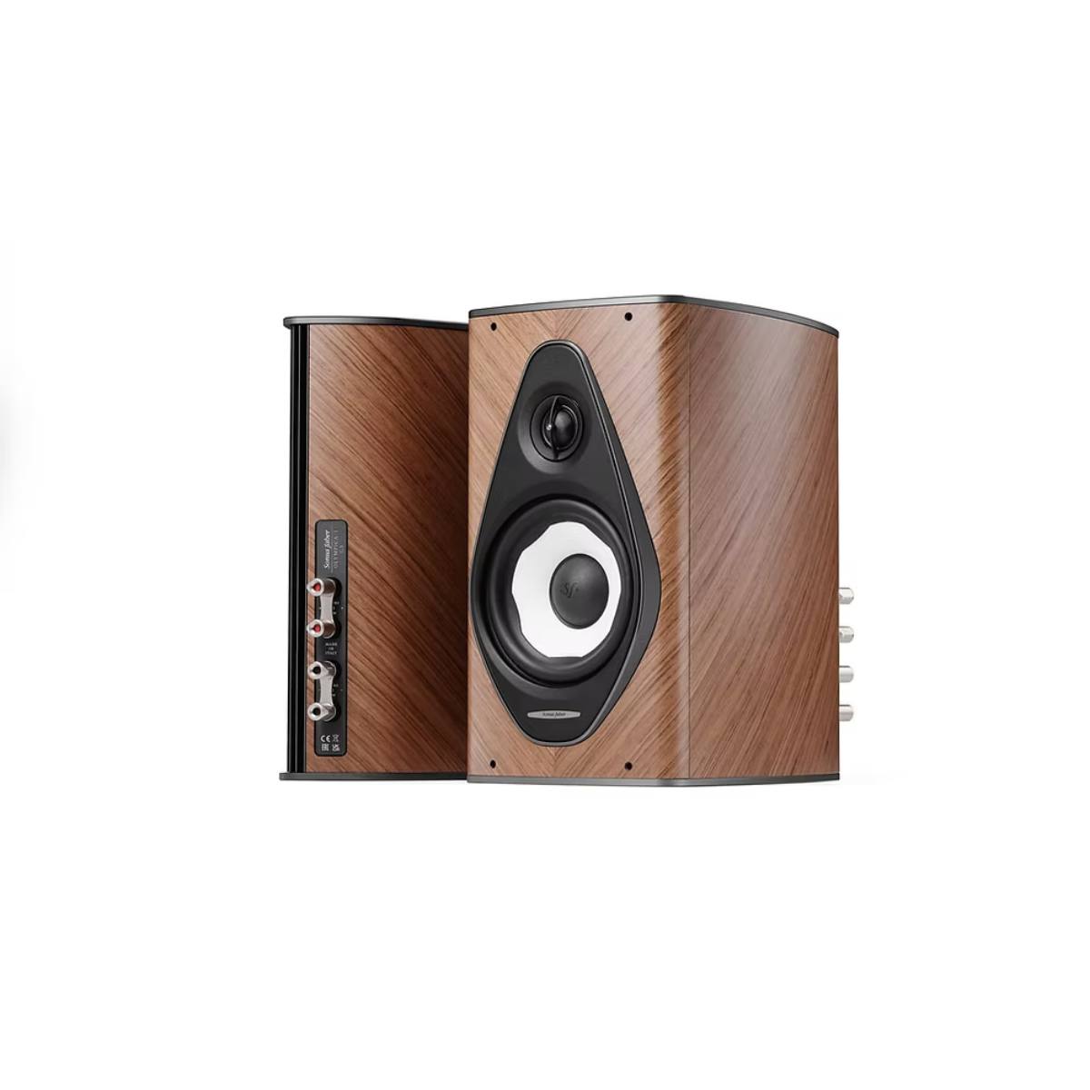 A pair of bookshelf speakers with a brown wood-grain finish, showing the front and side views against a plain white background.