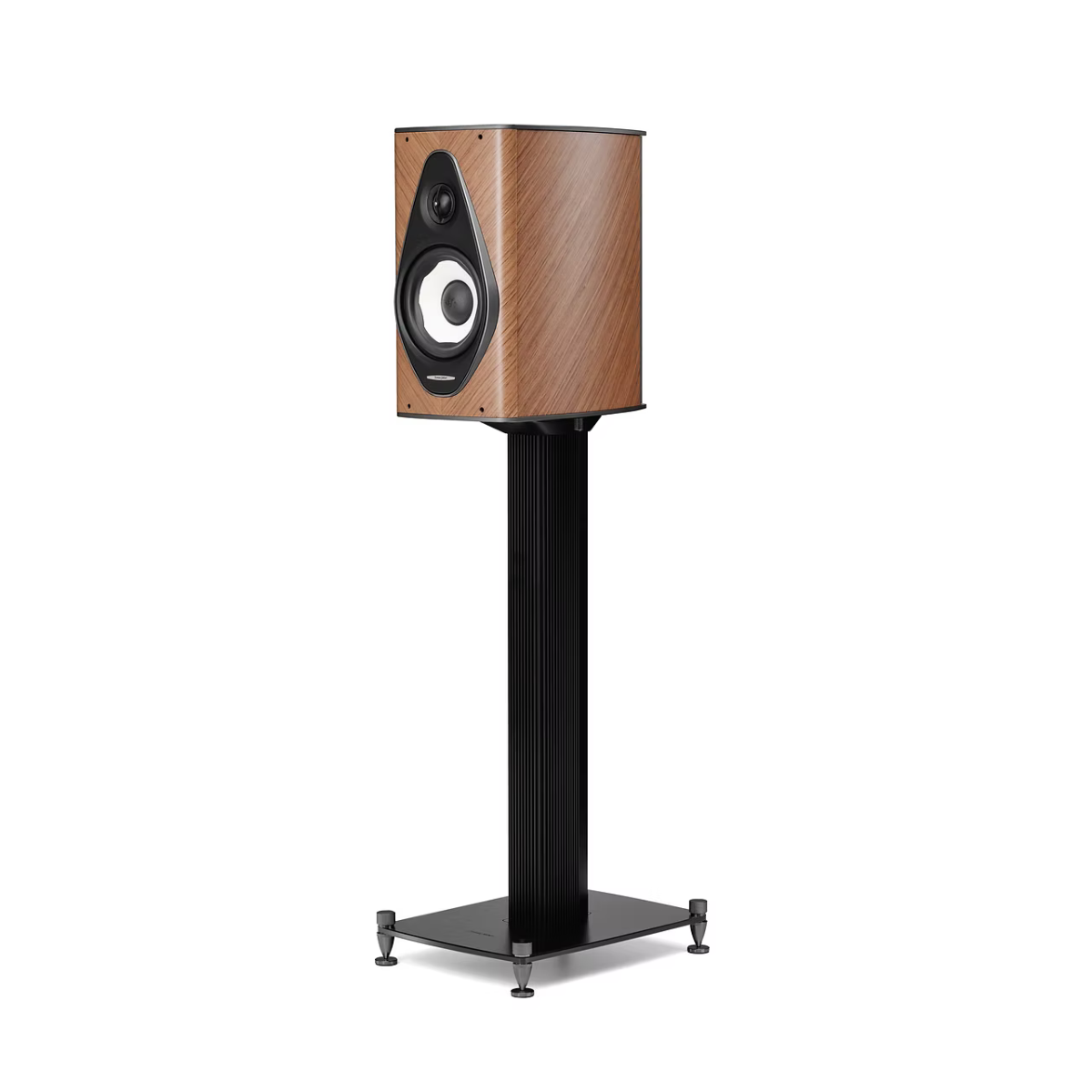 A tower-style floorstanding bookshelf speaker with a wood-grain cabinet and black stand, shown on a plain white background.