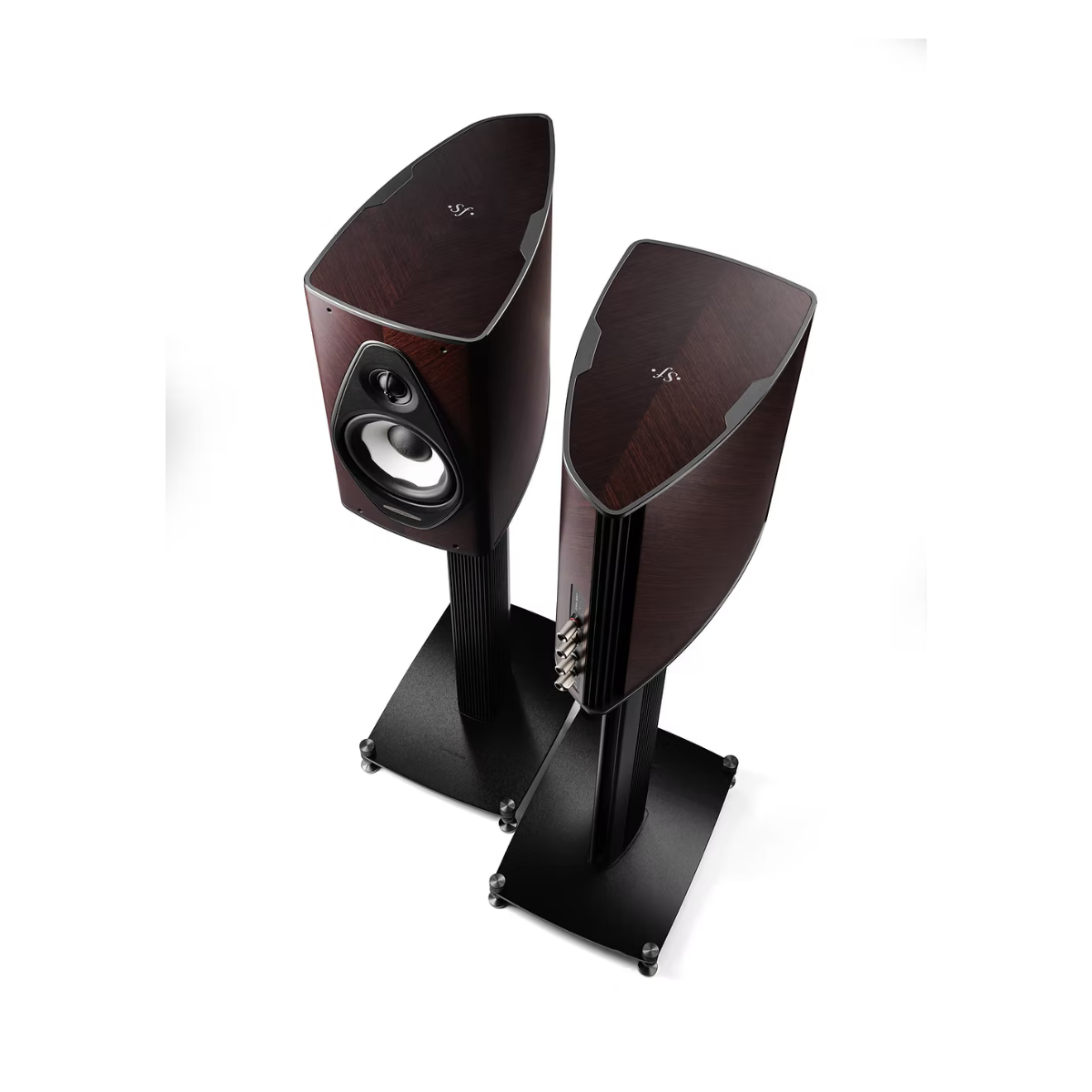 Two high-end tower speakers with dark wood-grain cabinets on black metal stands, shown from an elevated angle against a solid white background.