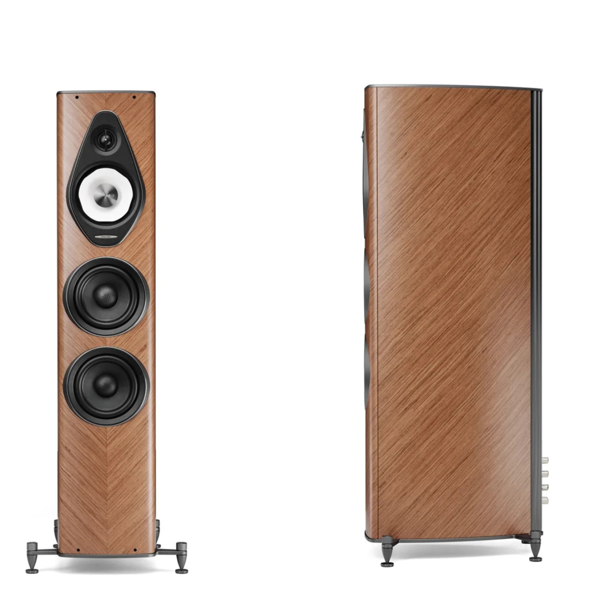 A pair of Sonus Faber Olympica III G3 Floor Standing Speakers - Pair shown on a clean white background, displaying both the front view with three drivers and the side profile with a wood-grain finish.